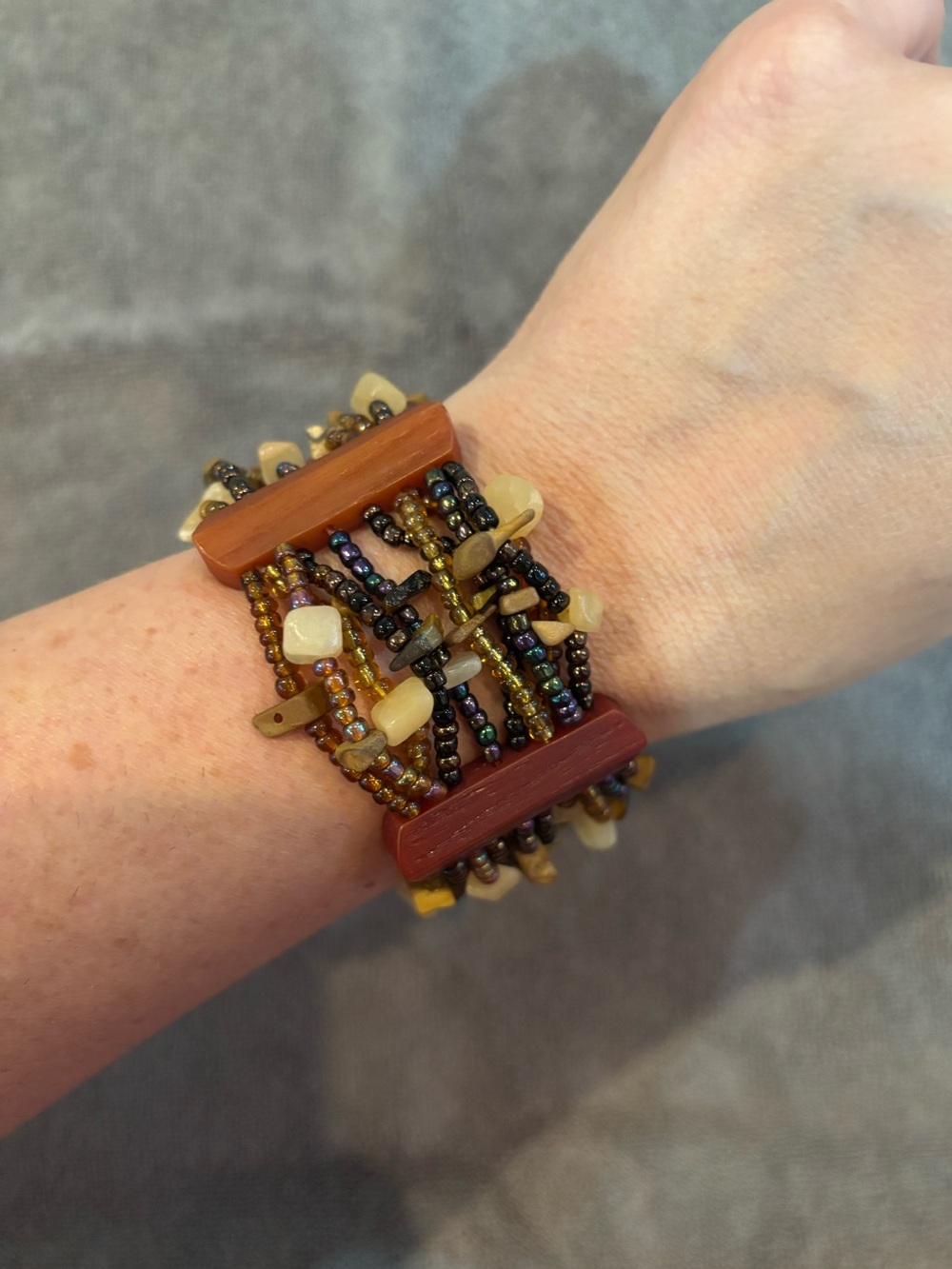 Handcrafted Brown and Cream Beaded Stretch Bracelet